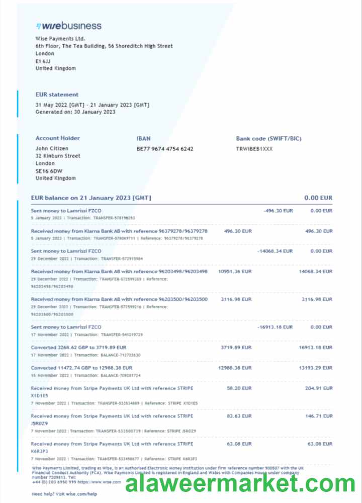 United Kingdom Wise Business bank statement Word and PDF template